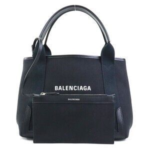 Balenciaga Navy Blue Cabas Canvas Leather Tote Bag Black